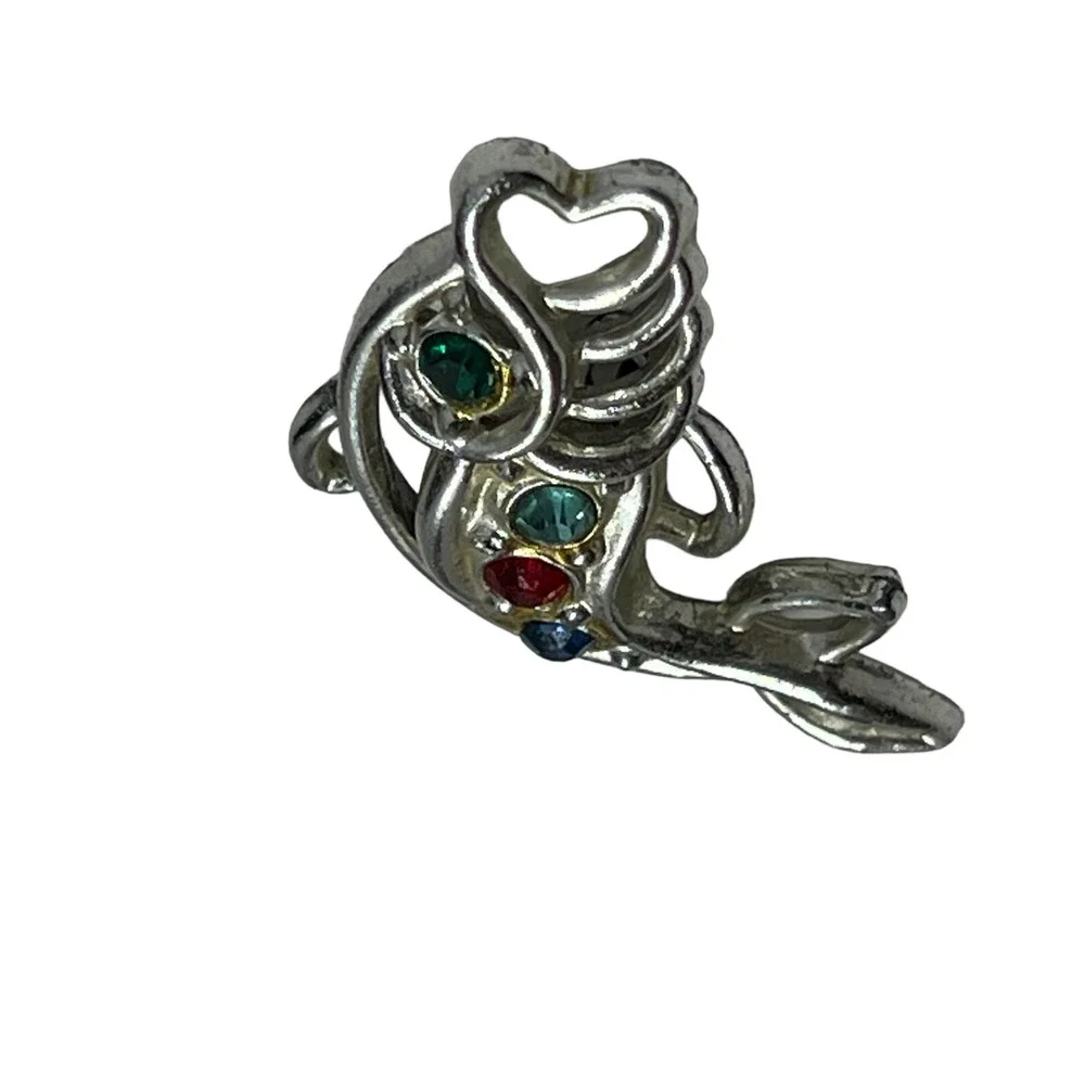 Vintage Fish Brooch Silver Tone with Multi Color‎ Rhinestone Accent